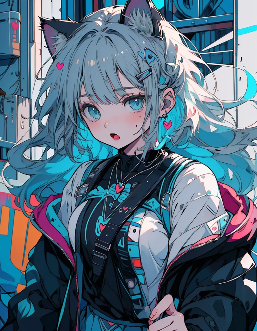 wink, open mouth, heart, ((masterpiece, best quality:1.5)), ((Beautiful detailed cat aqua eyes:1.2)), cat ears, pale skin, medium breasts, beautiful hands, beautiful fingers, EasyNegative