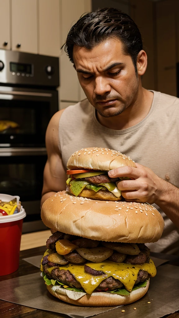 Man angry, sweaty cooks fast food burgers