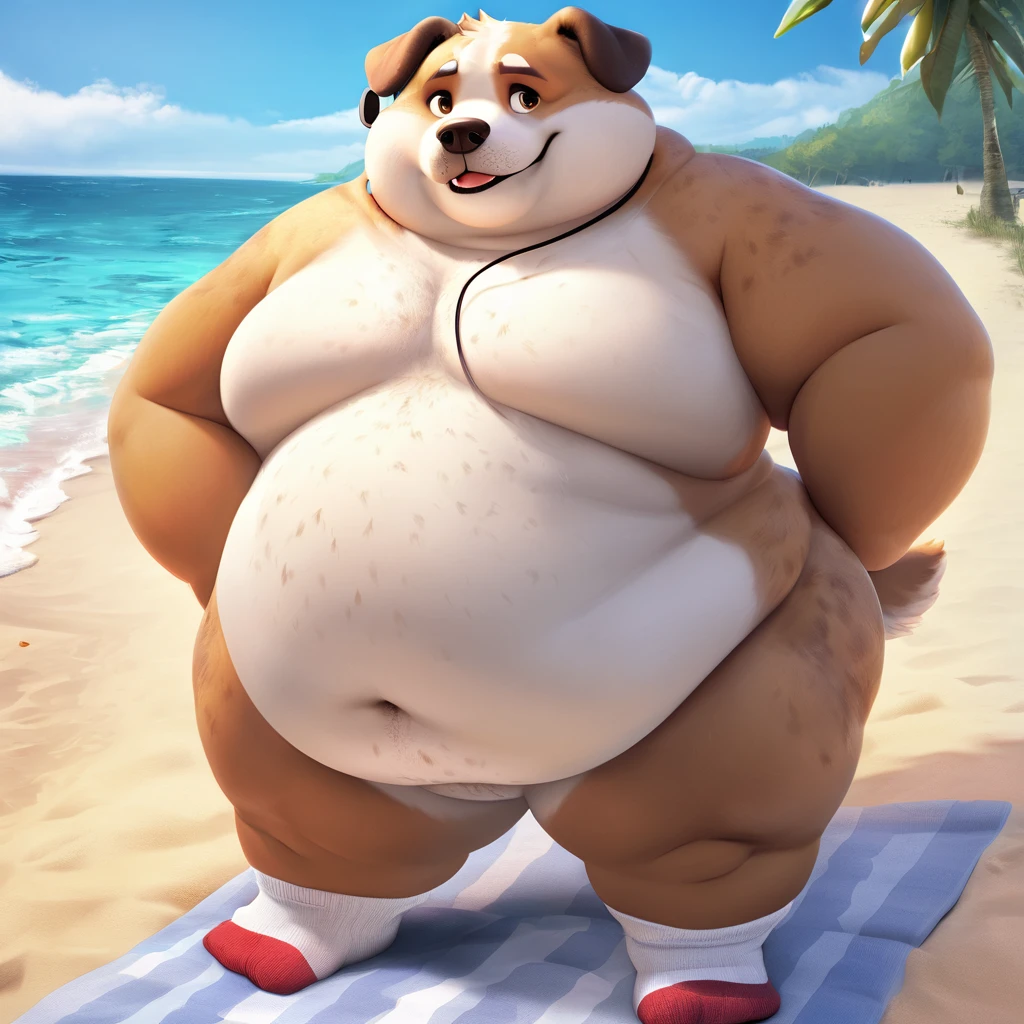dog,male, obesity, full, Anthropomorphic, (Naked, sock,earphone), Full body view, Beach, ultra 8k resolution, masterpiece