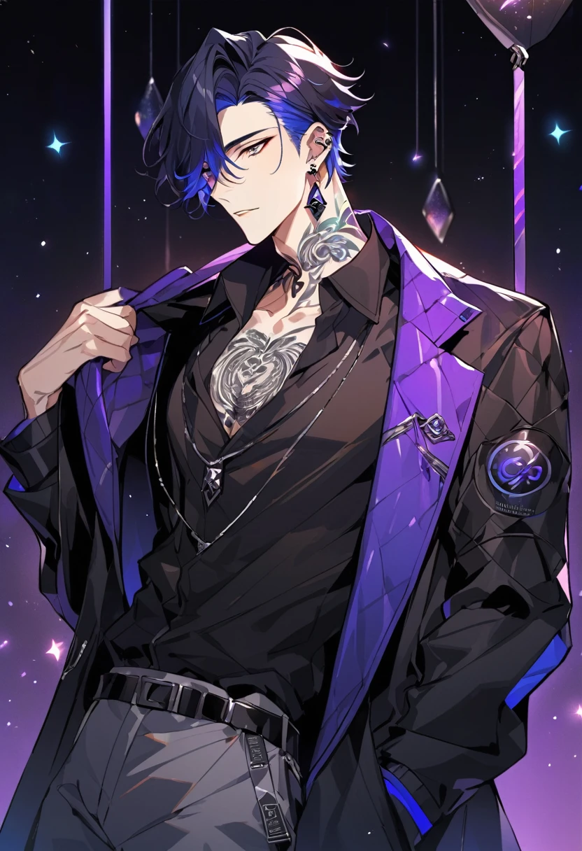 a handsome young man, he wears galaxy colored earrings, he looks so mysterious, he has a symbol tattooed on his neck which has a unique symbol. He was dressed in a black shirt with his black coat hanging over his shoulder. Manhwa style.  