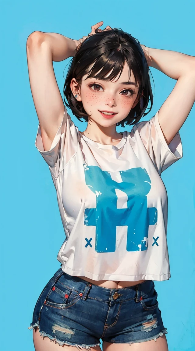 (best quality, masterpiece), 1 twenty years old woman, arms up hands behind head, smile, laughing, huge over-sized t-shirt, shorts, dark pixie haircut, freckles, blush, looking at viewer, cutesy, alluring eyes...