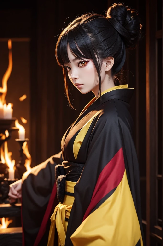  demon slayer style with kimono, hair in a bun, eyes one yellow and the other black.