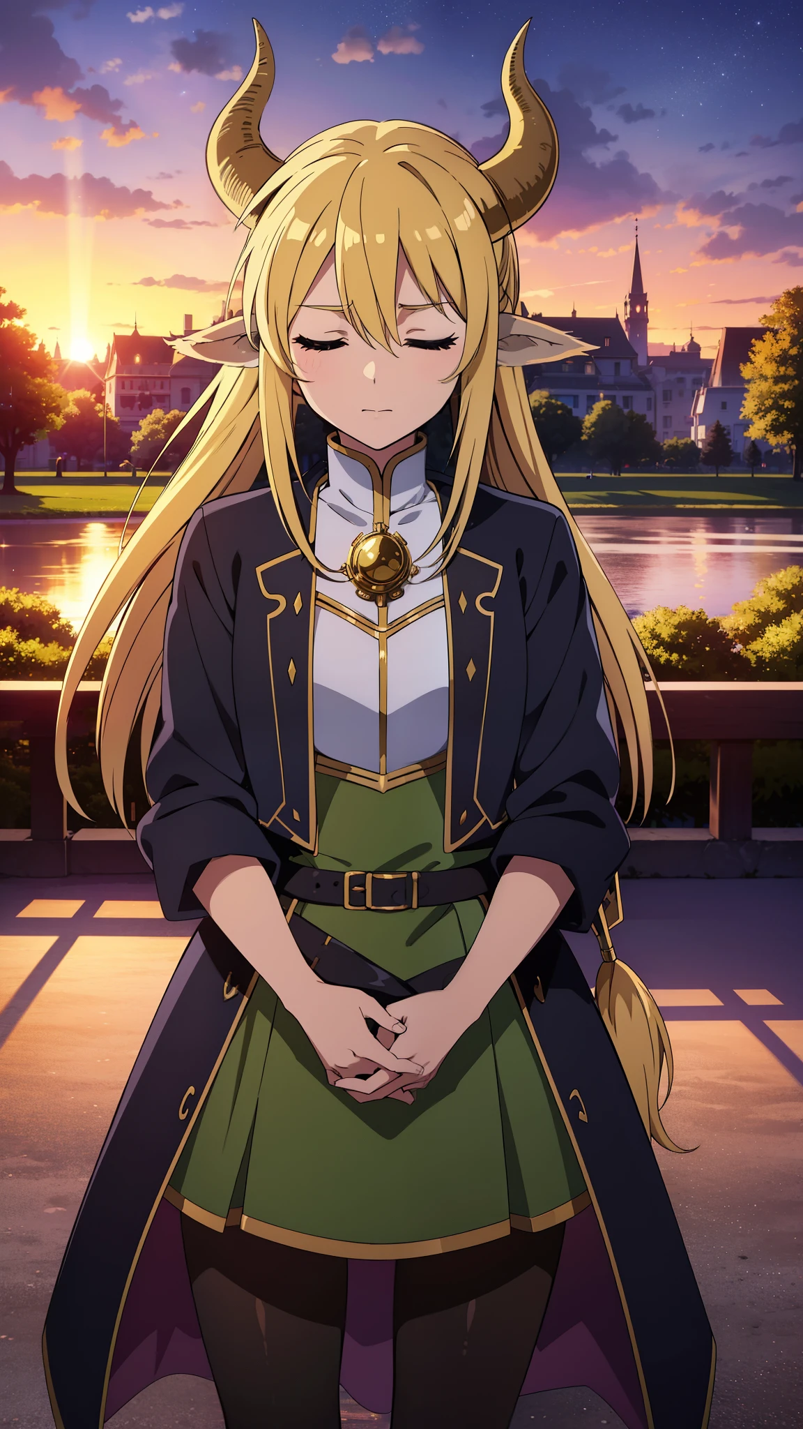 dreamy, colorful, whimsical, magical, masterpiece, best quality, sharp focus, intricately detailed environment, fine detail, 8k resolution, glowing lights,sunset sky,city,trees,1girl,20 years old,solo,long hair,blond hair,horns,gold knight armor,cow ears,(black pantyhose),closed eyes