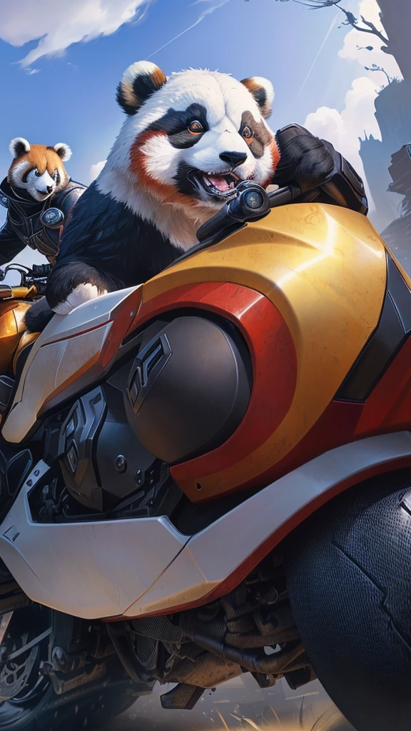 panda is riding a motorcycle with a man on the back, official splash art, wild rift, splash art, iconic character splash art, paul lung, red panda on a propaganda poster, riot games concept art, realistic