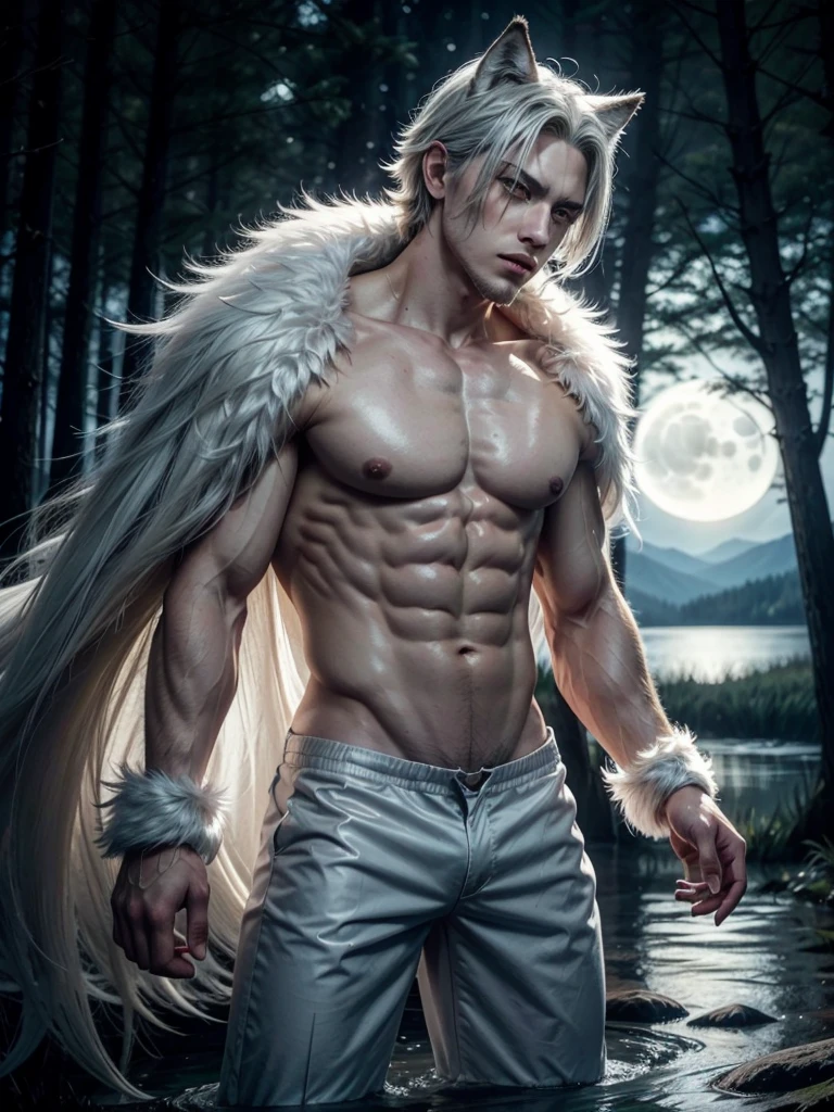 attractive wolf man beautiful slender, muscular torso, short silver hair, amber yellow eyes, white wolf fur coat, white pants torn on the left side, background a moonlight with a lake mirroring the dark night and a forest