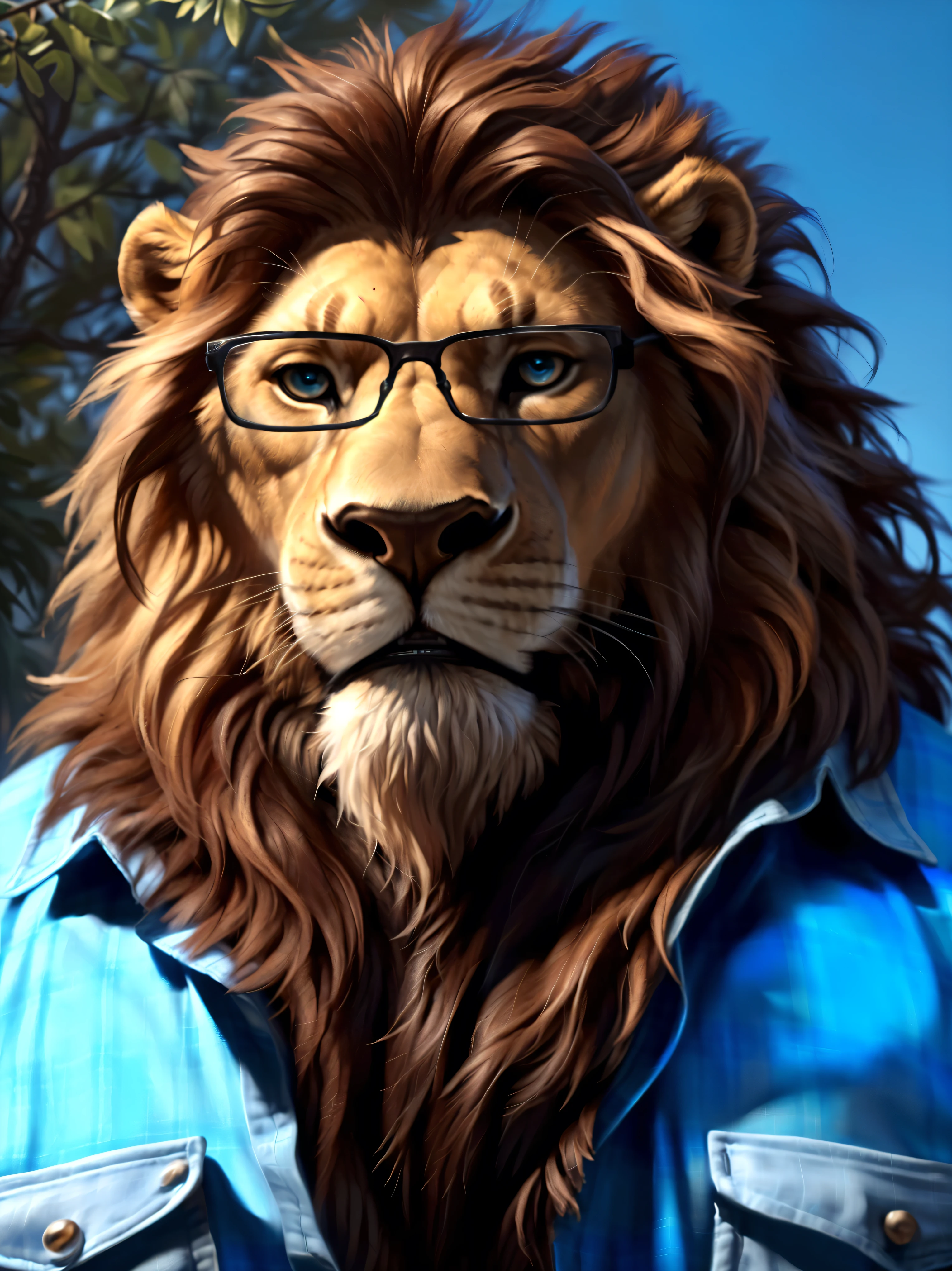 Sharp focus, masterpiece, 8k, intricate artwork, hyper detailed, high detail, best quality, perfect colors, perfect shadows, perfect lighting, posted on e621, furry body, (portrait shot, close-up, front view), posted on e621, furry body, solo, anthro lion, (monotone fur:1.3), (mature, forties:1.2), (strong, manly, masculine:1.4), correct anatomy, (photorealistic fur, detailed hairs, epic, masterpiece:1.2), (by Taran Fiddler, by Rukis, Bonifasko lighting), (by Chunie:0.9), (blue plaid shirt, black glasses:1.3), detailed clothing, detailed lion eyes, (short brown mane, trimmed mane:1.4)