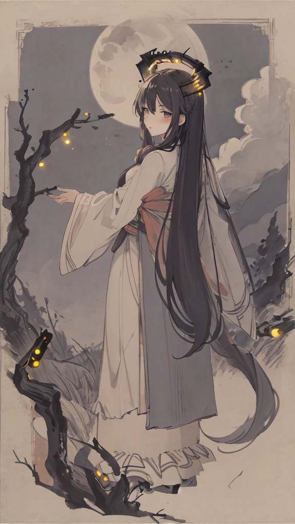 masterpiece, best quality, night, hill, clouds, full moon, long hair, woman, silhouette, fireflies.