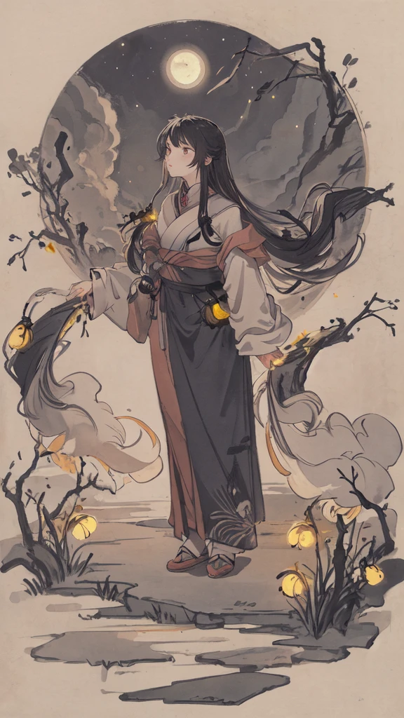 masterpiece, best quality, night, hill, clouds, full moon, long hair, woman, silhouette, fireflies.
