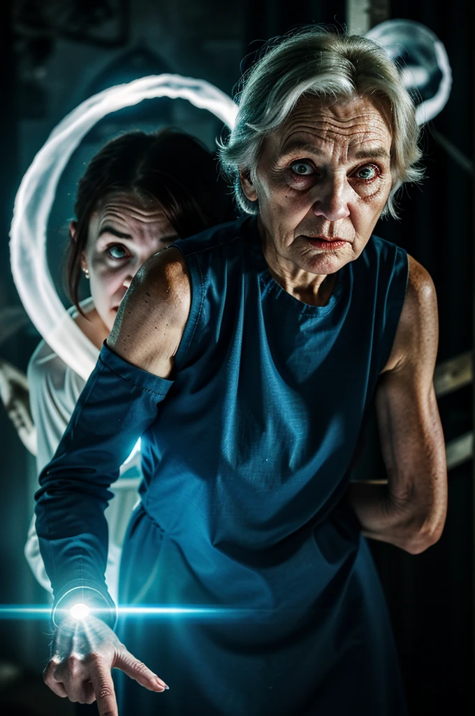 Bent over old woman extending her arm. The old woman has bright eyes with a very bright glow as if she were a ghost. Horror night scene.
