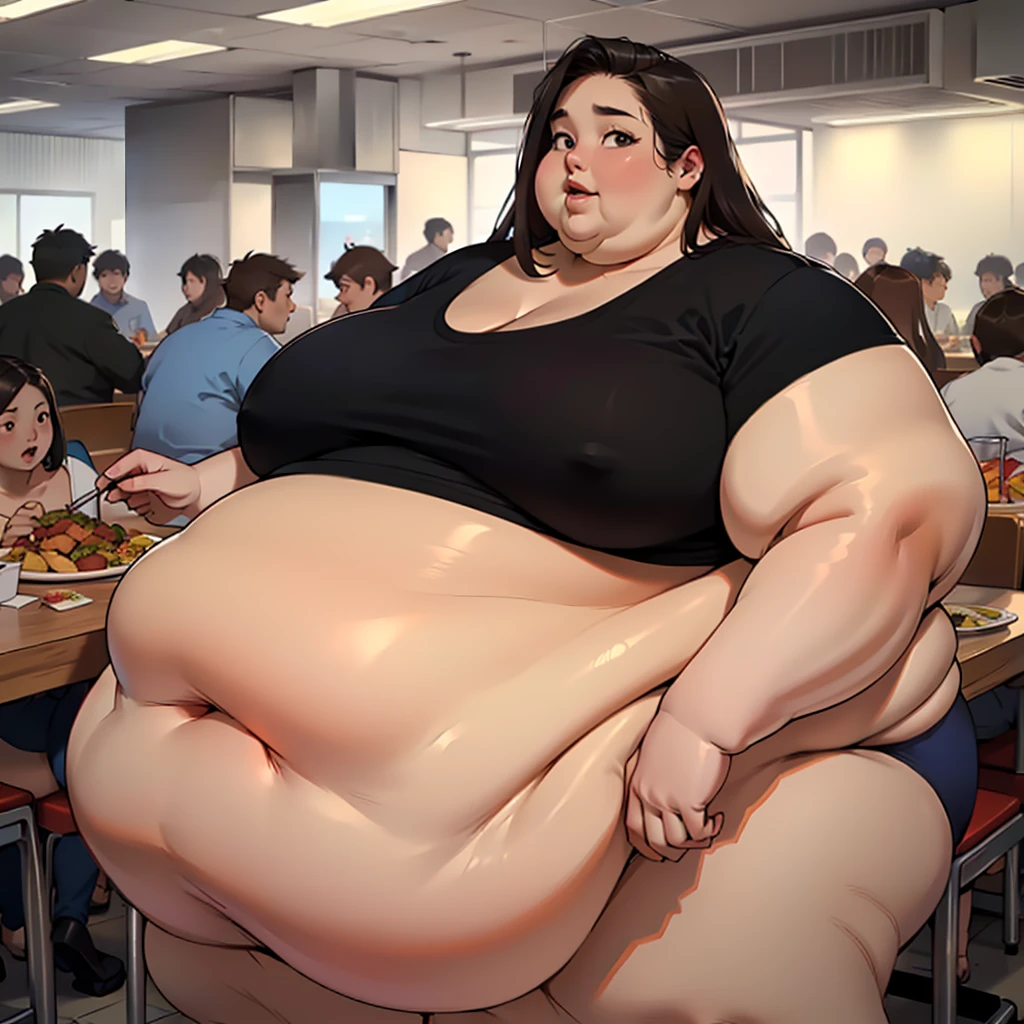 (masterpiece, best quality, highres, detailed, realistic:1.2), korean woman, young, teenager, USSBBW, (morbidly obese, fatblob:1.5), (gigantic belly:1.3), (detailed face, beautiful face), high aesthetic, eating junk food, panties, surrounded by concerned friends, restauraunt