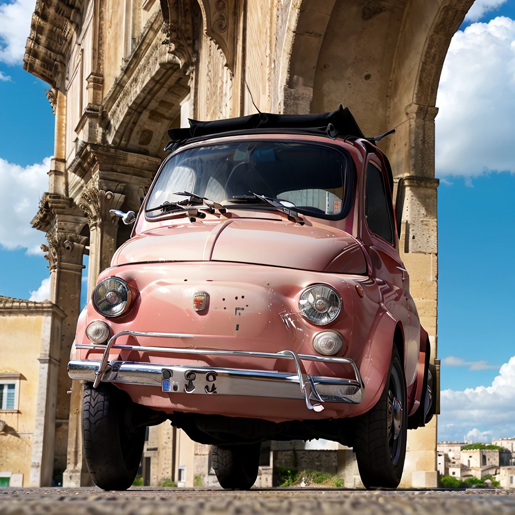 (FIAT500, classical old Italian Fiat 500 car, sassi_di_matera), [view from afar, top view]. a small bright pink-fucsia car. The old Fiat 500 resting on the roof of the cathedral of Matera. Photorealistic shot giving high detail and reflections. In background Sassi of Matera landscape. blurred foreground. Blue sky and some clouds.