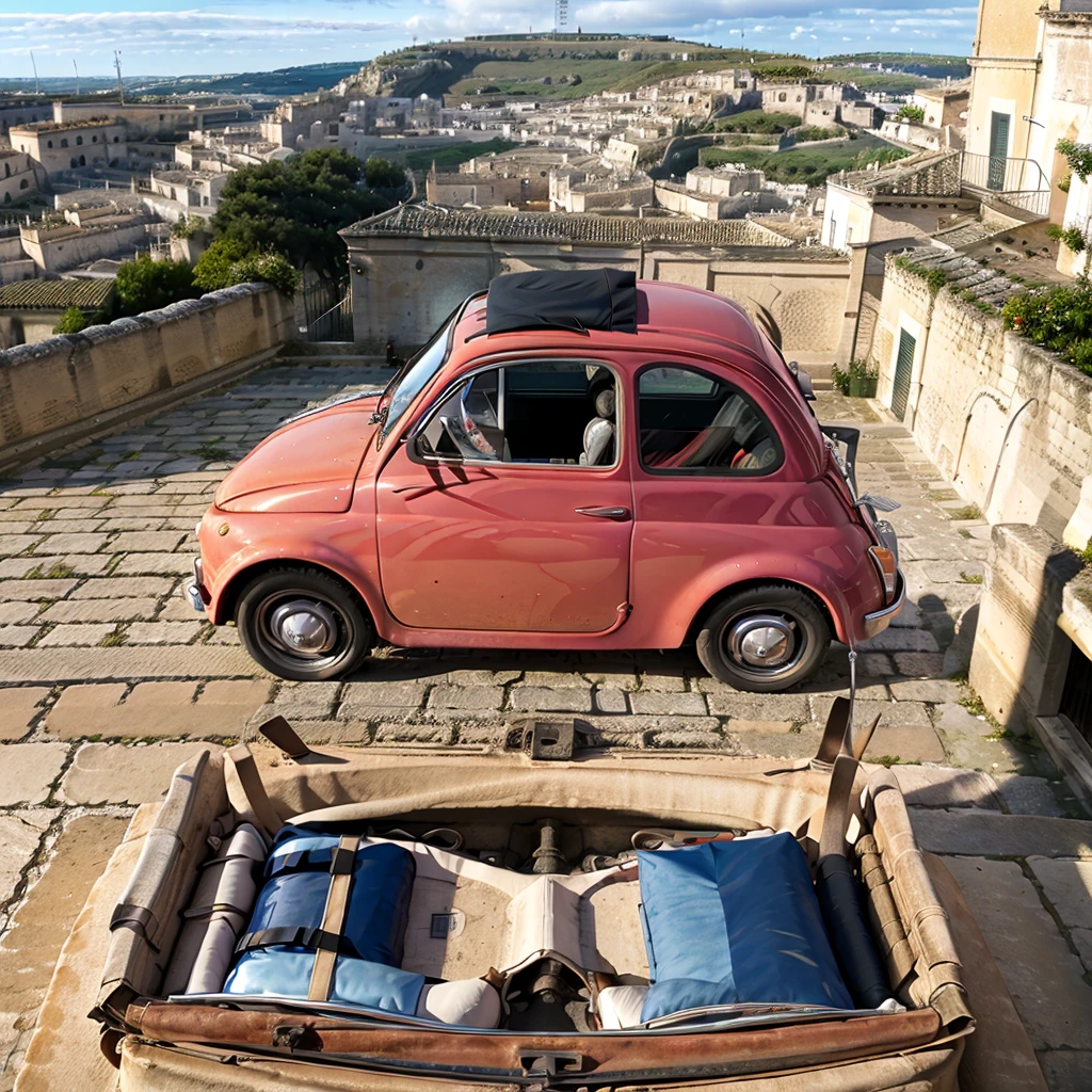 (FIAT500, classical old Italian Fiat 500 car, sassi_di_matera), [view from afar, top view]. a small bright pink-fucsia car. The old Fiat 500 resting on the roof of the cathedral of Matera. Photorealistic shot giving high detail and reflections. In background Sassi of Matera landscape. blurred foreground. Blue sky and some clouds.