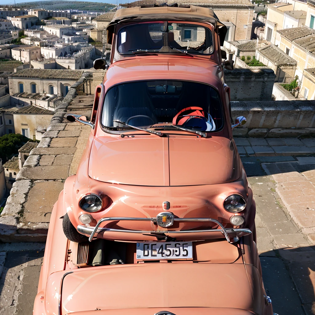 (FIAT500, classical old Italian Fiat 500 car, sassi_di_matera), [view from afar, top view]. a small bright pink-fucsia car. The old Fiat 500 resting on the roof of the cathedral of Matera. Photorealistic shot giving high detail and reflections. In background Sassi of Matera landscape. blurred foreground. Blue sky and some clouds.