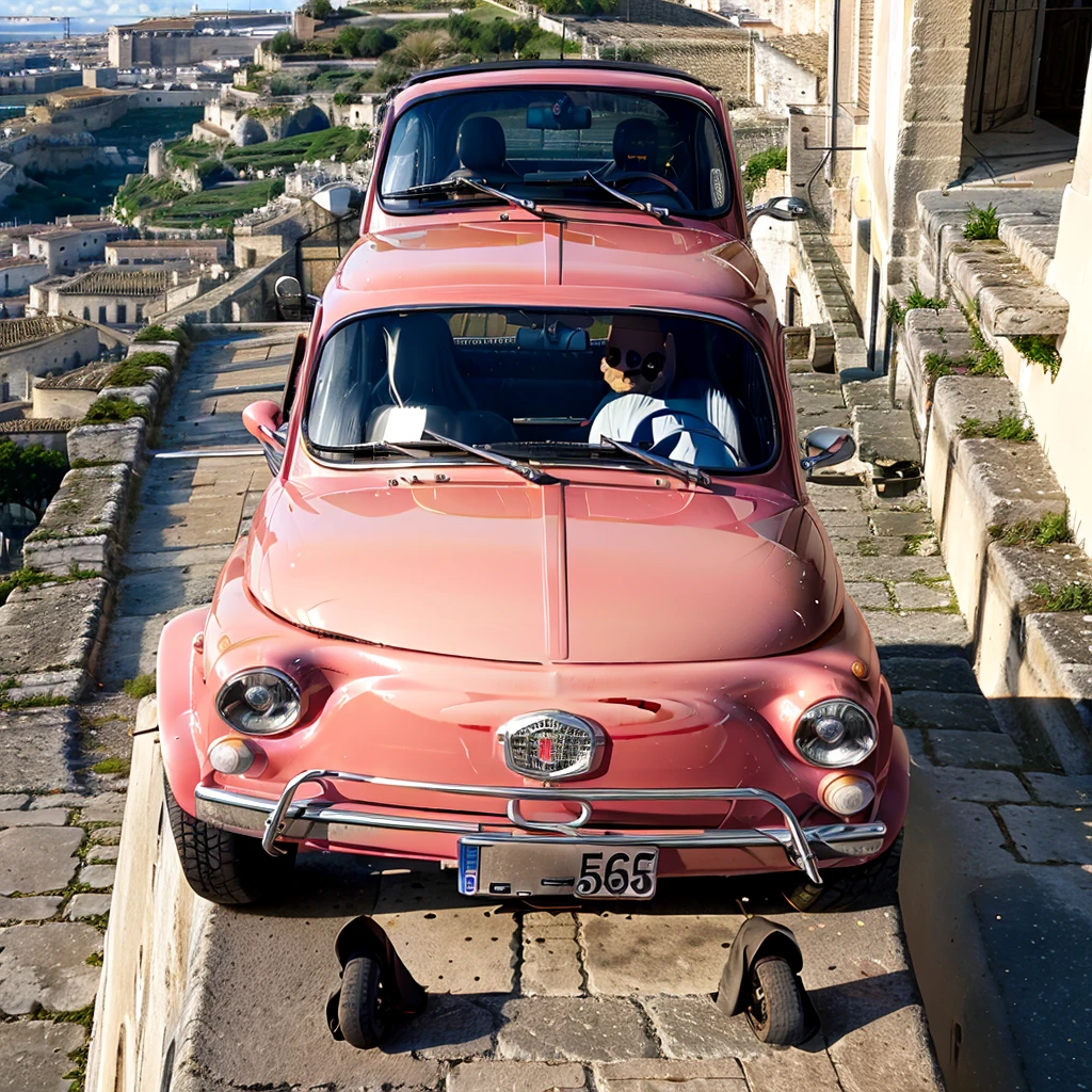 (FIAT500, classical old Italian Fiat 500 car, sassi_di_matera), [view from afar, top view]. a small bright pink-fucsia car. The old Fiat 500 resting on the roof of the cathedral of Matera. Photorealistic shot giving high detail and reflections. In background Sassi of Matera landscape. blurred foreground. Blue sky and some clouds.