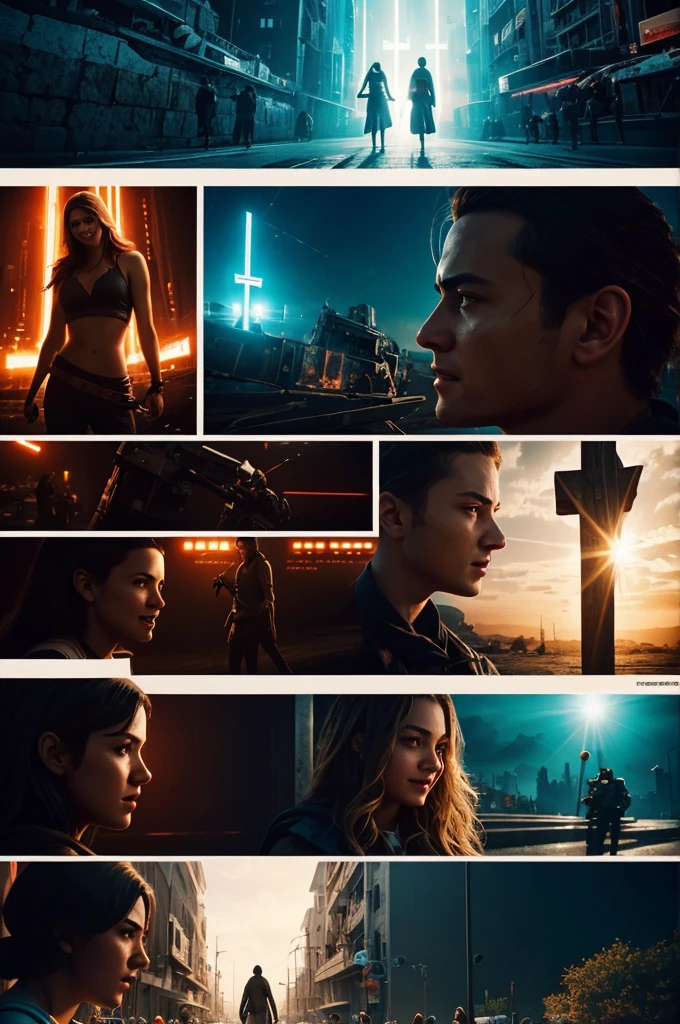 Intensely the film, a captivating poster for the superhero movie. The composition exudes cinematic lighting and color grading. A view of four girls talking and laughing. Behind is the scene of Israel, of the Cross where Jesus was crucified. A bright and hopeful atmosphere.. Inspired by the conceptual works of Maciej Kuciara, Jama Jurabayev and Wojtek Fus, this poster incorporates a rich cinematic color gradation reminiscent of Kodak Porta 400 and Cinestill 800 film, shot through a Leica M10 lens, with a high cinematograph contrast.