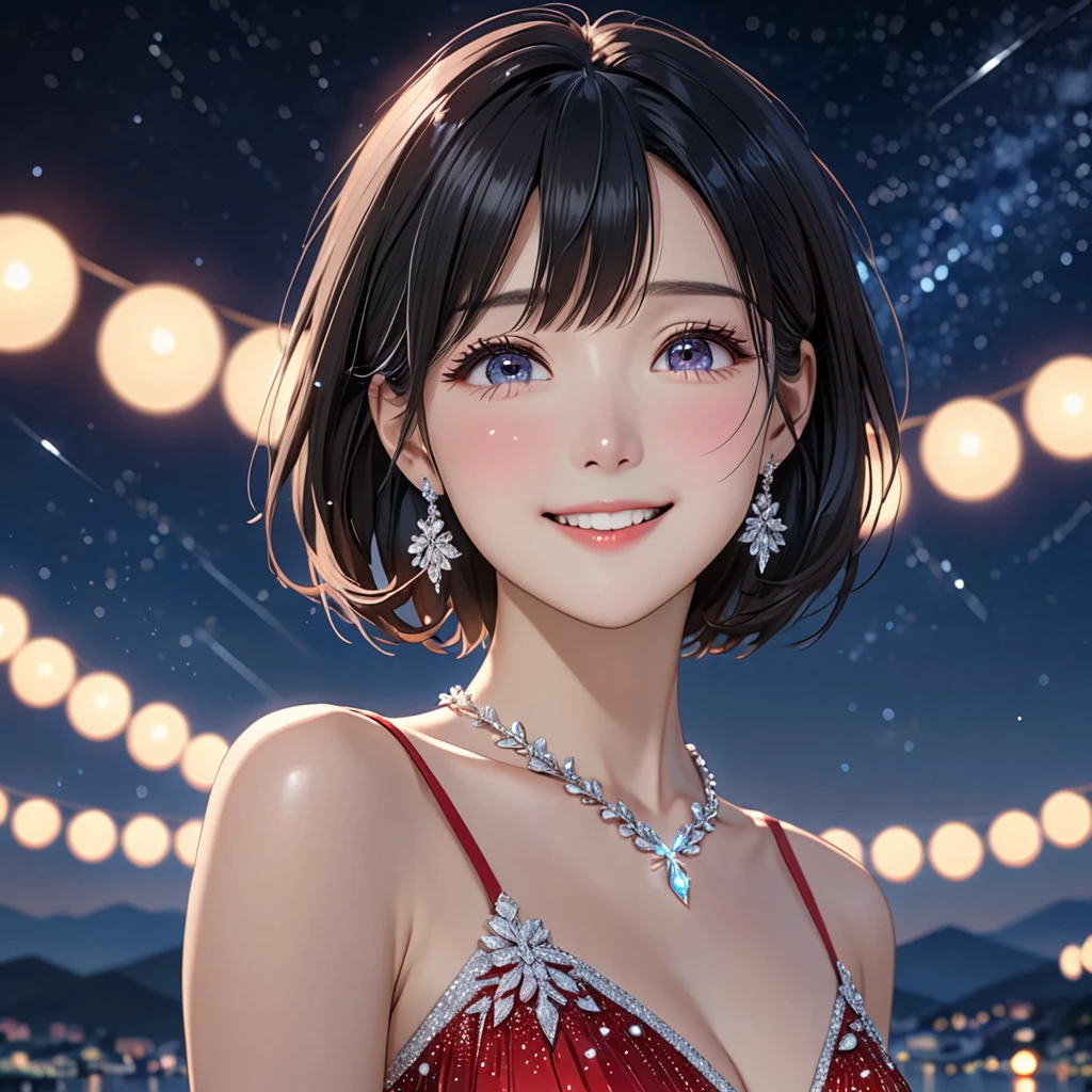 National Science Foundation,masterpiece,High resolution,8K,Art,Digit,Kyoto Animation Style,your name movie style,Facing the camera,night,midnight,Light,Meteor,(1 female: 1.3),(alone: 1.4),(((Black hair))),Sparkling Light Red Evening Dress,Swarovski crystals on evening gown,crystal hairpin,silver crystal necklace,silver crystal earrings,Long eyelashes,Slender legs,short bob,sexy pose,Close-up of upper body,Close-up,close view,nightstarry sky,Eyes as deep as the starry sky,Blushed,shy,shy,Open your mouth and smile