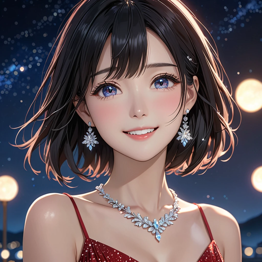 National Science Foundation,masterpiece,High resolution,8K,Art,Digit,Kyoto Animation Style,your name movie style,Facing the camera,night,midnight,Light,Meteor,(1 female: 1.3),(alone: 1.4),(((Black hair))),Sparkling Light Red Evening Dress,Swarovski crystals on evening gown,crystal hairpin,silver crystal necklace,silver crystal earrings,Long eyelashes,Slender legs,short bob,sexy pose,Close-up of upper body,Close-up,close view,nightstarry sky,Eyes as deep as the starry sky,Blushed,shy,shy,Open your mouth and smile