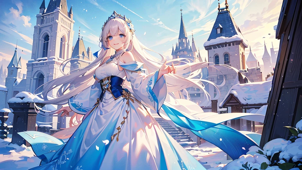 ((best quality，masterpiece，Extremely complex and exquisite details，There is only one beautiful girl with long white straight hair and blue eyes，Smile，long skirt))，(Exquisite light blue and white clothing，Beautiful bright and exquisite ancient style white castle architectural background)，(correct anatomy，exquisite face)，(Exquisite fantasy dream style，Snow，Falling Flowers，The great outdoors)