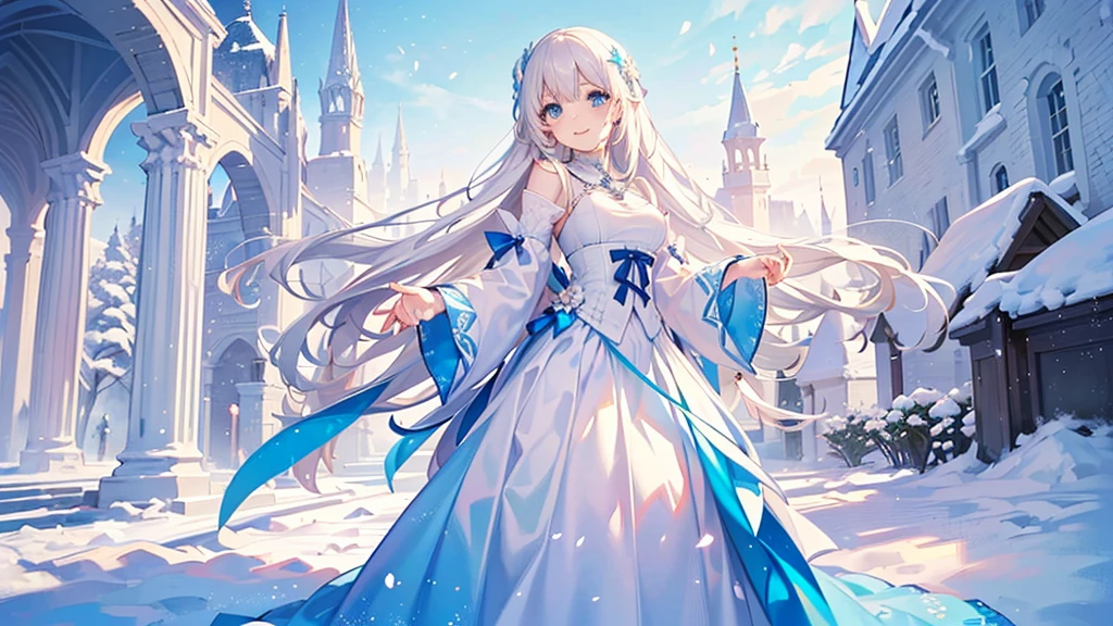 ((best quality，masterpiece，Extremely complex and exquisite details，There is only one beautiful girl with long white straight hair and blue eyes，Smile，long skirt))，(Exquisite light blue and white clothing，Beautiful bright and exquisite ancient style white castle architectural background)，(correct anatomy，exquisite face)，(Exquisite fantasy dream style，Snow，Falling Flowers，The great outdoors)