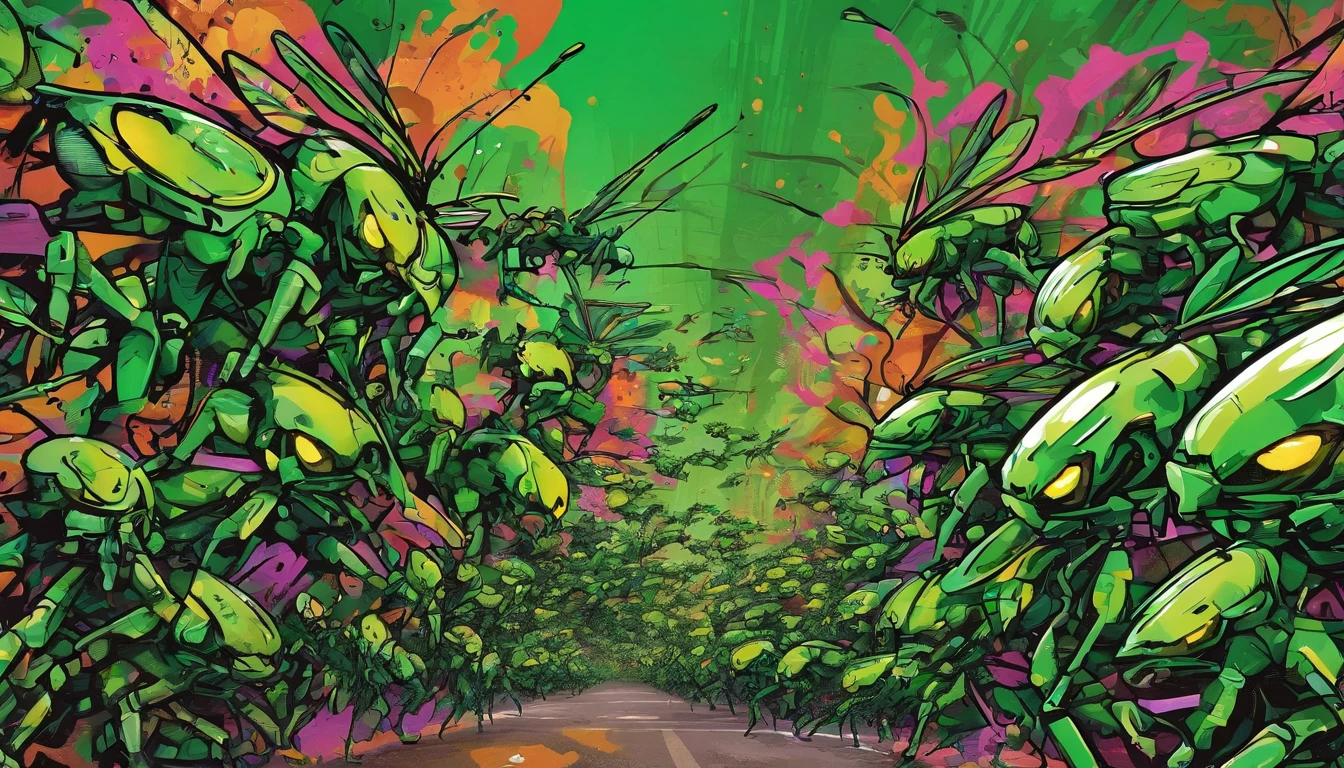 A swarm of green cyberpunk wasps heading towards the viewer