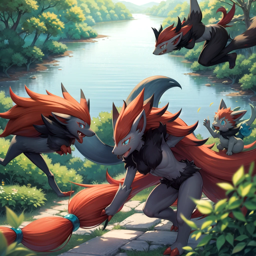 zoroark, pokemon (creature),forest, lake,