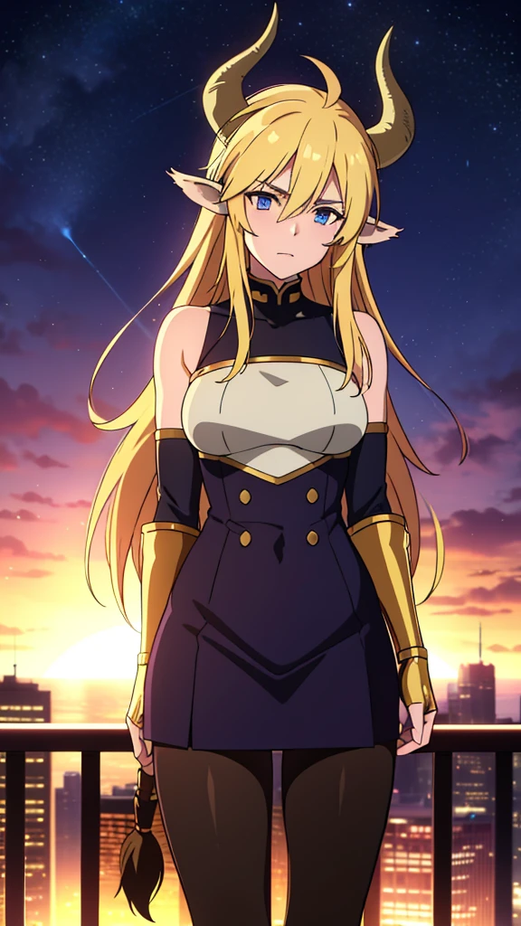 dreamy, colorful, sharp focus,fine detail, 8k resolution, ((glowing lights)),sunset sky,city,trees,1girl,20 years old,solo,long hair,blond hair,horns,golden armor,cow ears,(black pantyhose),on top of a skyscraper