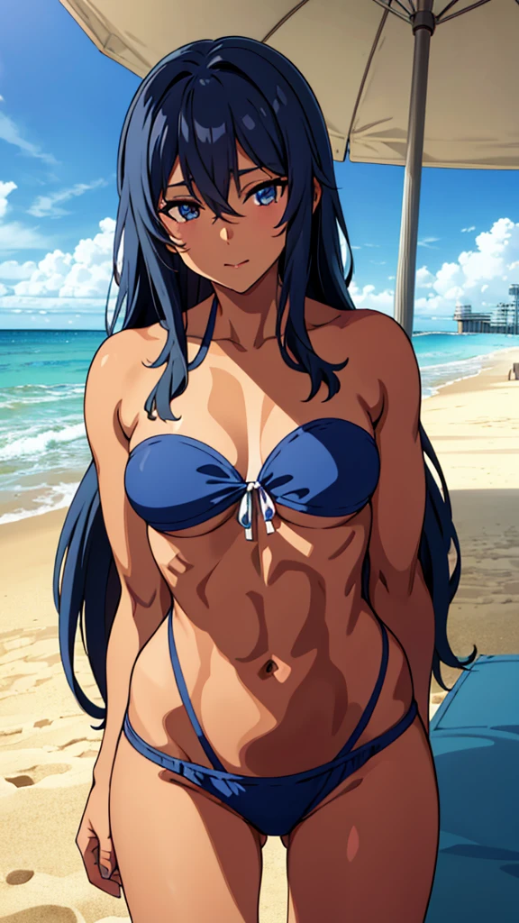 av idol, 32-years-old dark tan skin with long blue hair and eyes Wearing a Strapless Swimsuits, beach pier background, lay on the beach blanket 