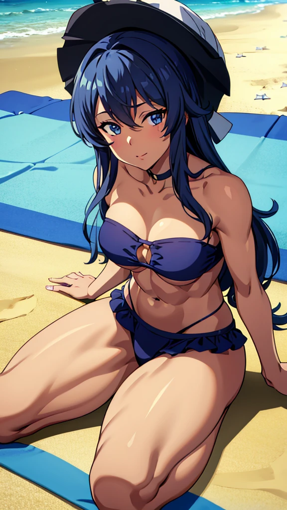 av idol, 32-years-old dark tan skin with long blue hair and eyes Wearing a Strapless Swimsuits, beach pier background, lay on the beach blanket