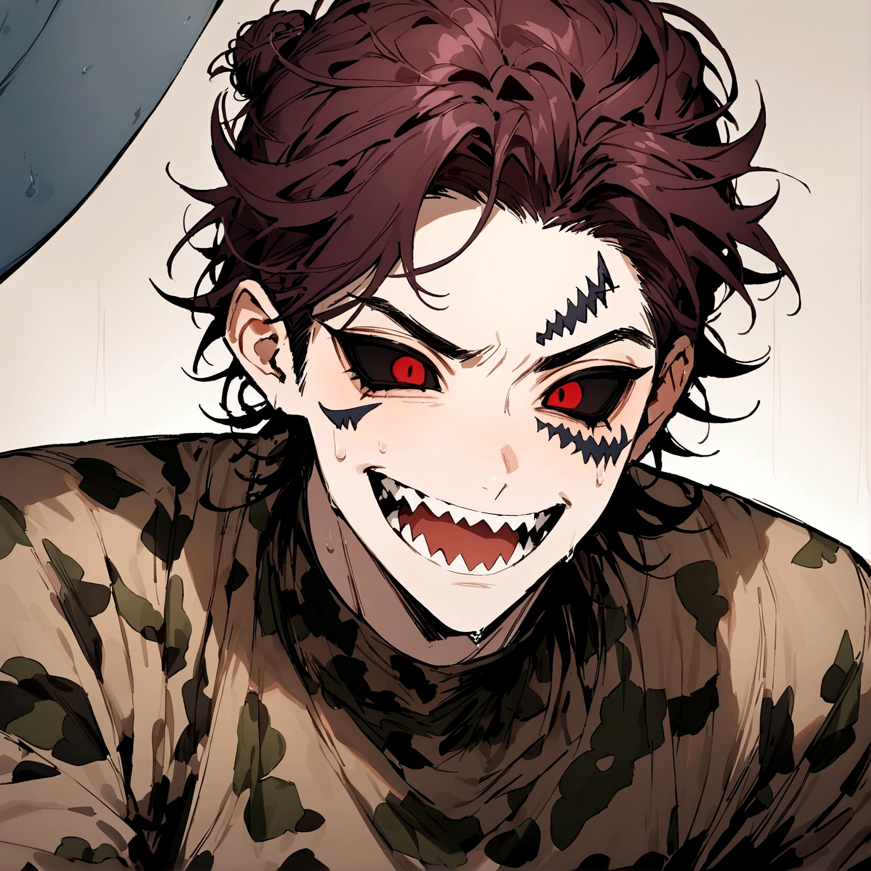 (masterpiece), best quality, expressive eyes, perfect face, Male, maroon messy hair-bun, neck roses tattoo. compression flecktarn camouflage shirt, long sleeves. Handsome, portrait, Shark teeth, Half-Shark, Shark Hybrid, Sharp teeth, black sclera, white iris, male Shark demihuman
