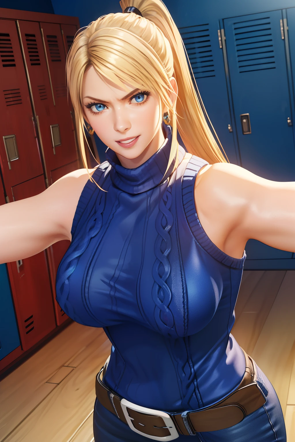 Sarah, blue eyes, very long hair, leaning on bench, (fighting stance:1.5), (shiny skin:1.2), (skinny girl:1.5), blonde hair, (high ponytail:1.4), floating hair, sweater:1.9, Shoulders exposed, (arms exposed:1.3), (medium breasts:1.3), (pushed up breasts:0.4), (curvy figure:0.7), (locker room), (blue sweater:1.6), belt ,(sleeveless:1.6), boots, high heels, earrings, BREAK masterpiece, 1 girl, RAW photo, (best quality:1.2), extremely delicate beautiful, very detailed, 2k wallpaper, amazing, fine details, extremely detailed CG Unity 8k wallpaper, super detailed, high resolution, (beautiful detailed girl:1.2), perfect anatomy, (big smile expression:1.2), (upper body:1.4), (Realistic, Photorealistic:1.0), (thin nose:1.2), (breast focus:1.3), high nose bridge, (blue clothes:1.2)