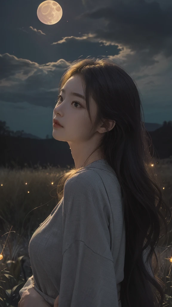 masterpiece, best quality, night, hill, clouds, full moon, long hair, woman, silhouette, fireflies.