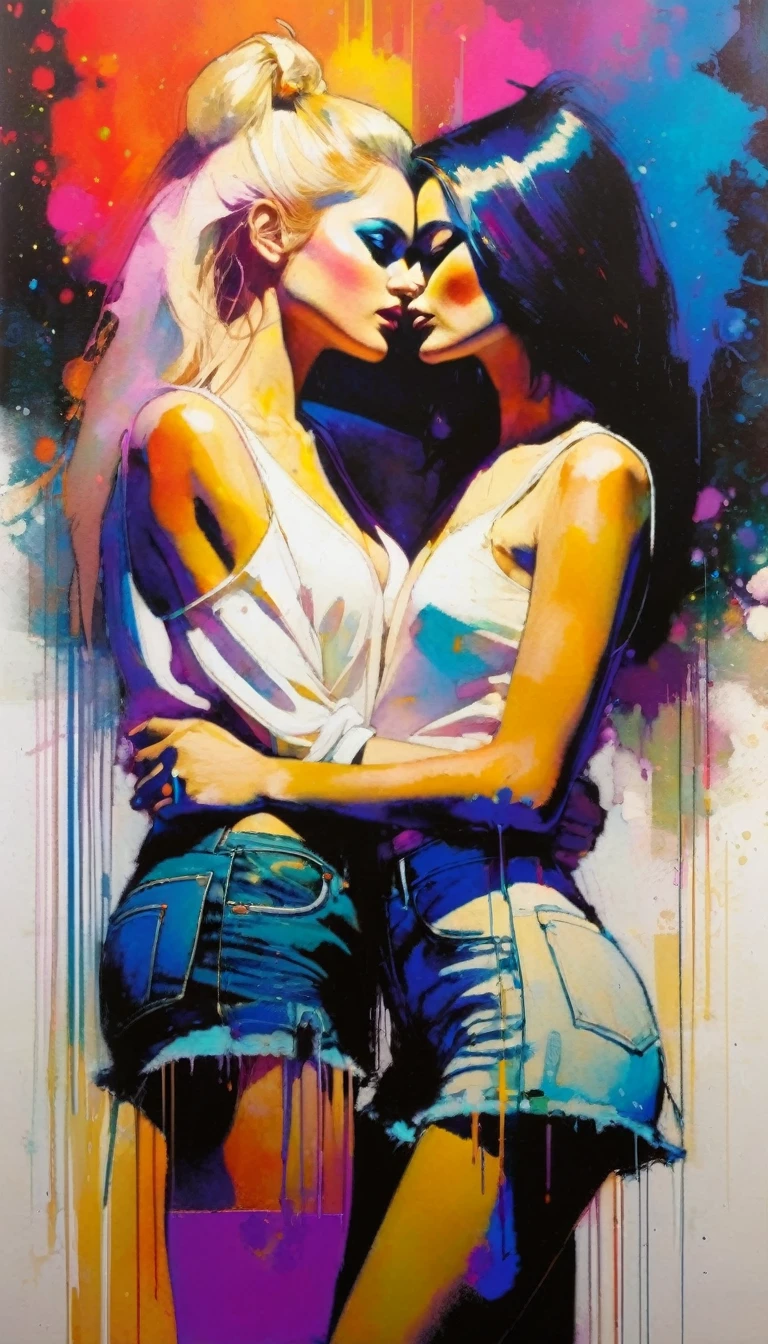 two girls love, pride (art inspired by Bill Sienkiewicz ). oil painting)