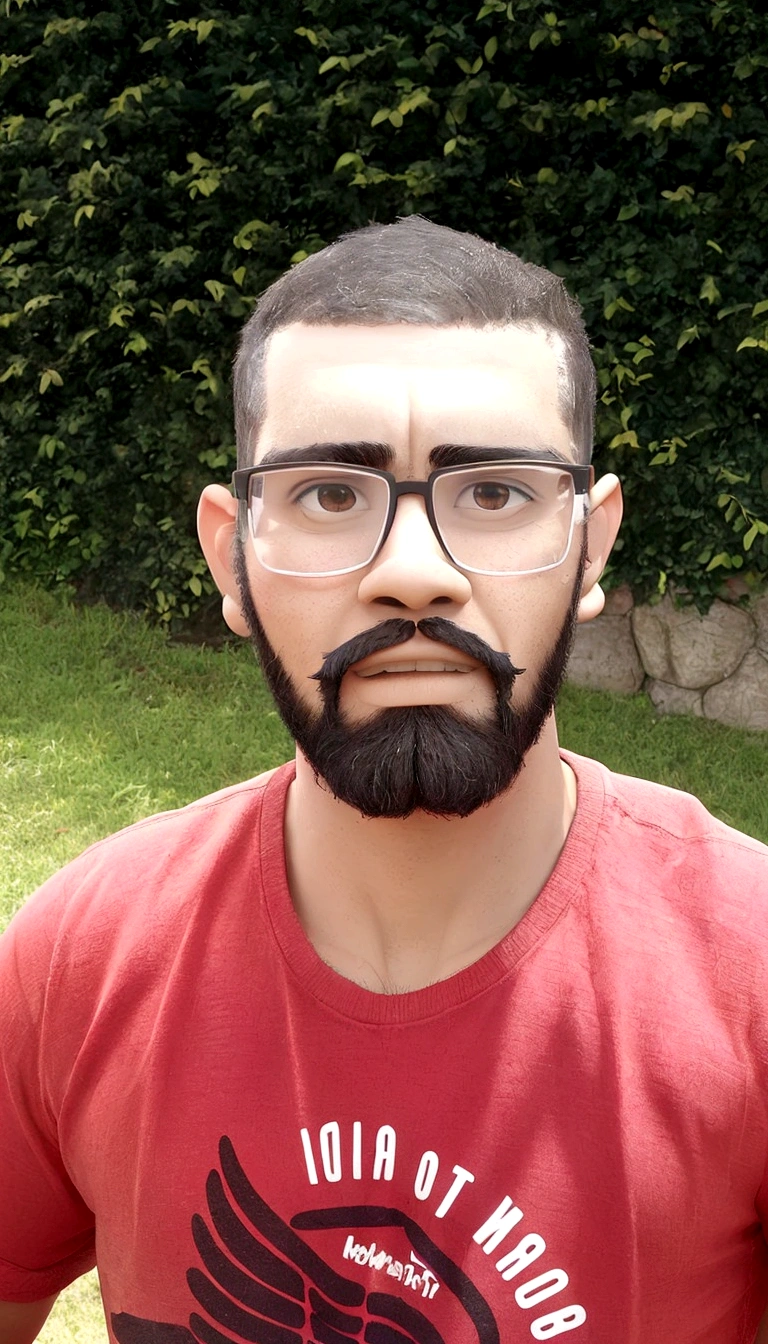 Man with glasses and beard wearing a red shirt, sem beard and mustache, frontal image, sem beard, with a small beard, with nerdy glasses and a goatee, caio santos, Riyad Cassim, icaro carvalho, with serious facial expression, with glasses and goatee, david rios ferreira, Mohammed Chahin