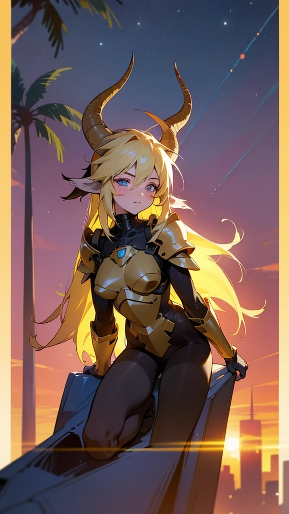 dreamy, colorful, sharp focus,fine detail, 8k resolution, ((glowing lights)),sunset sky,city,trees,1girl,20 years old,solo,long hair,blond hair,horns,golden armor,cow ears,(black pantyhose),on top of a skyscraper