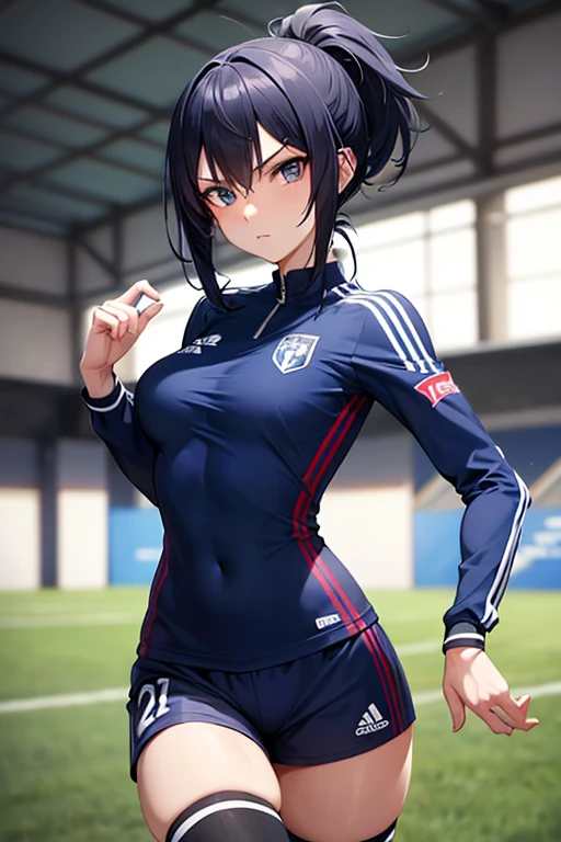 (anime ,2D) Women, soccer player , average height ,clear skin,thin face ,serious expression,blue eyes,black hair , waist length ,fringe ,collected in a high ponytail,Skinny body,big breasts,small waist, France national team uniform, In a soccer field ,kicking a ball