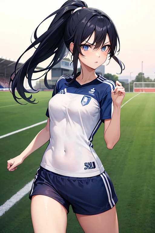 (anime ,2D) Women, soccer player , average height ,clear skin,thin face ,serious expression,blue eyes,black hair , waist length ,fringe ,collected in a high ponytail,Skinny body,big breasts,small waist, France national team uniform, In a soccer field ,kicking a ball