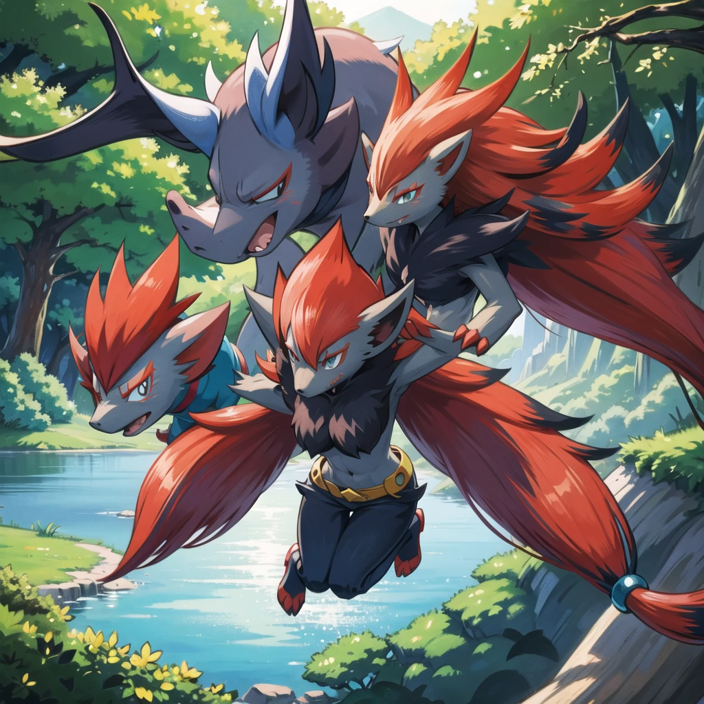 zoroark, pokemon (creature),forest, lake,