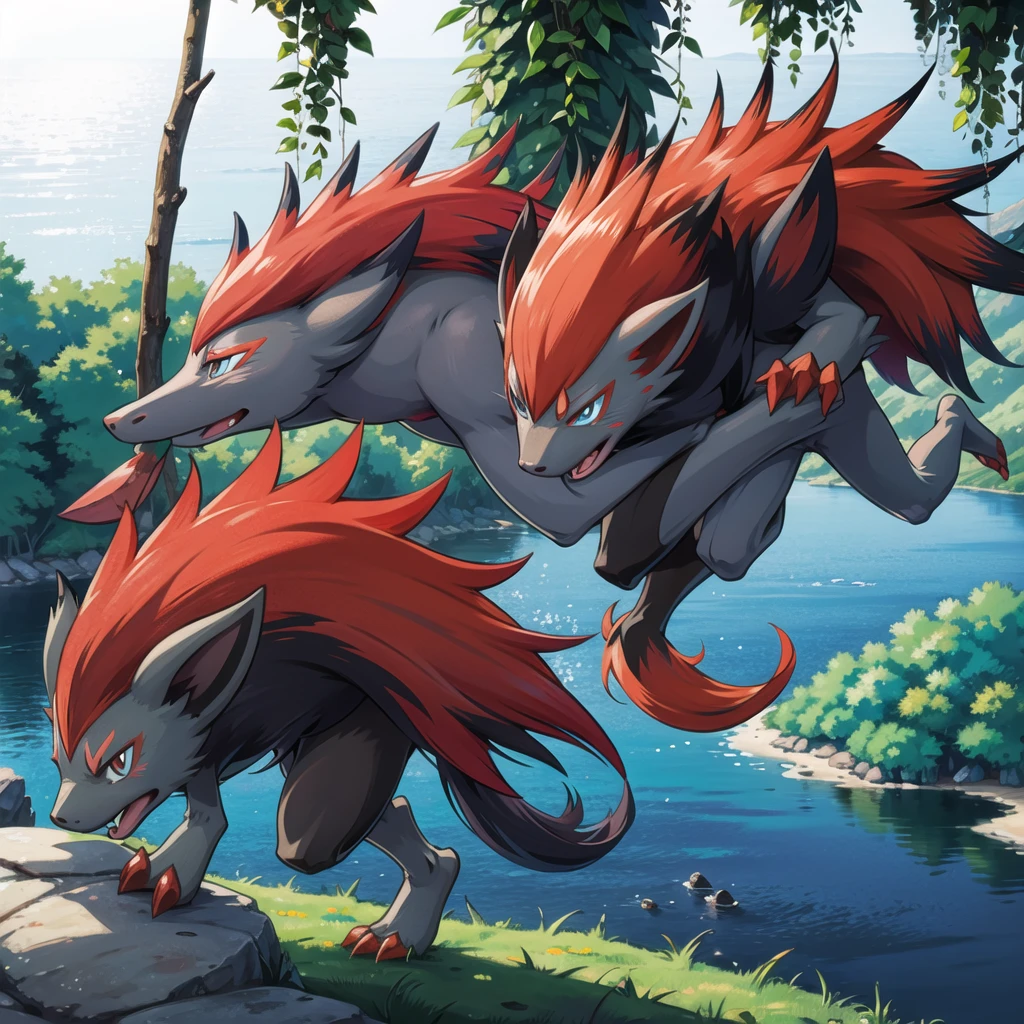 zoroark, pokemon (creature),forest, lake,