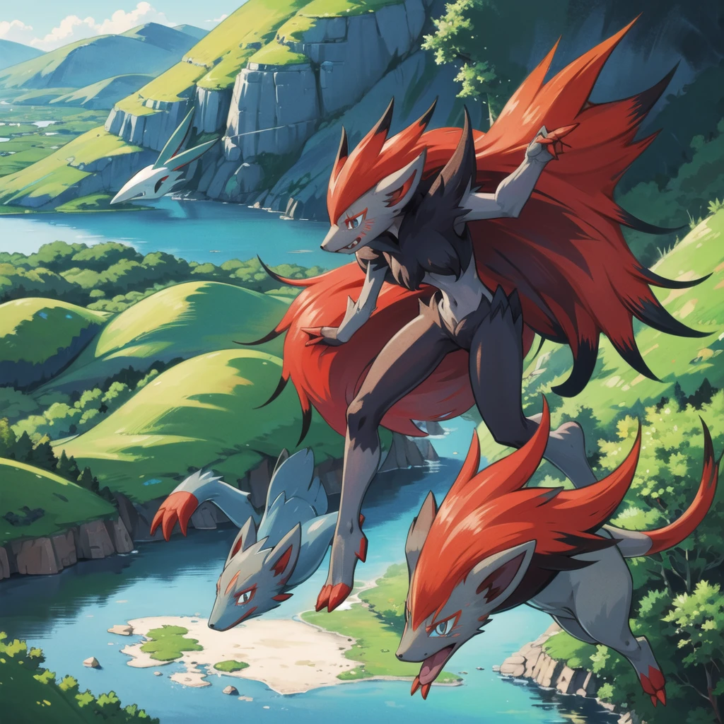 zoroark, pokemon (creature),forest, lake,