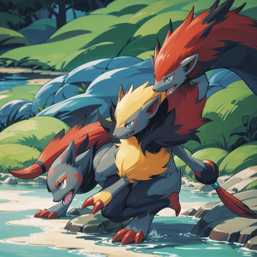 zoroark, pokemon (creature),forest, lake,