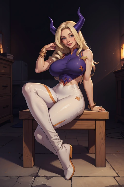 Mount lady style, 8k, hdr, ureal engine, ultra quality, big breasts sitting, torns ripped clothes, long breasts,detailed blond hair, white clothes,  golden bracelets,  full body, purple horns