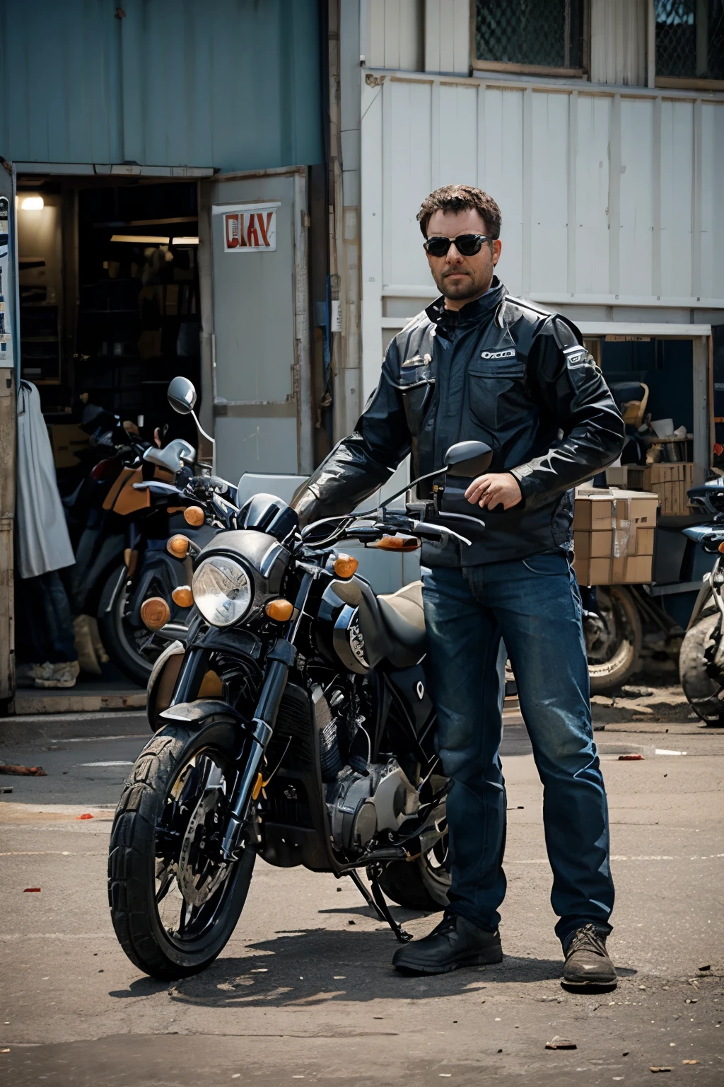Two identical motorcycles, one dirty from use in the city and one that is being washed by a team of professionals.