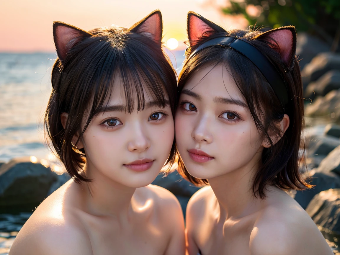 8K、Two beautiful girls, 15 and 18 years old,Kissing Face,Rembrandt Lighting,(Photorealistic:1.2), (Highest quality), (Detailed skin:1.3), (Intricate details), Ray Tracing,Two Girls, In detail,real,RAW Photos & Realistic atmosphere,、Beautiful, shining lips, Detailed face、Cheek to cheek, in the sea、Strong winds (Highest quality,masterpiece:1.3,Ultra-high resolution),(Very detailed,Caustics,8K),(Realistic:1.4,RAW shooting), In detail,real,Scattered beneath the surface,(blush:0.5), Detailed skin texture,Japanese,cute,Cat ears headband,Black long and short hair,Looking at the camera,Collarbone Bare Skin,Shoulder Bare Skin,(Face Focus:1.1),(Face close-up:1.1),Sunset,Natural light