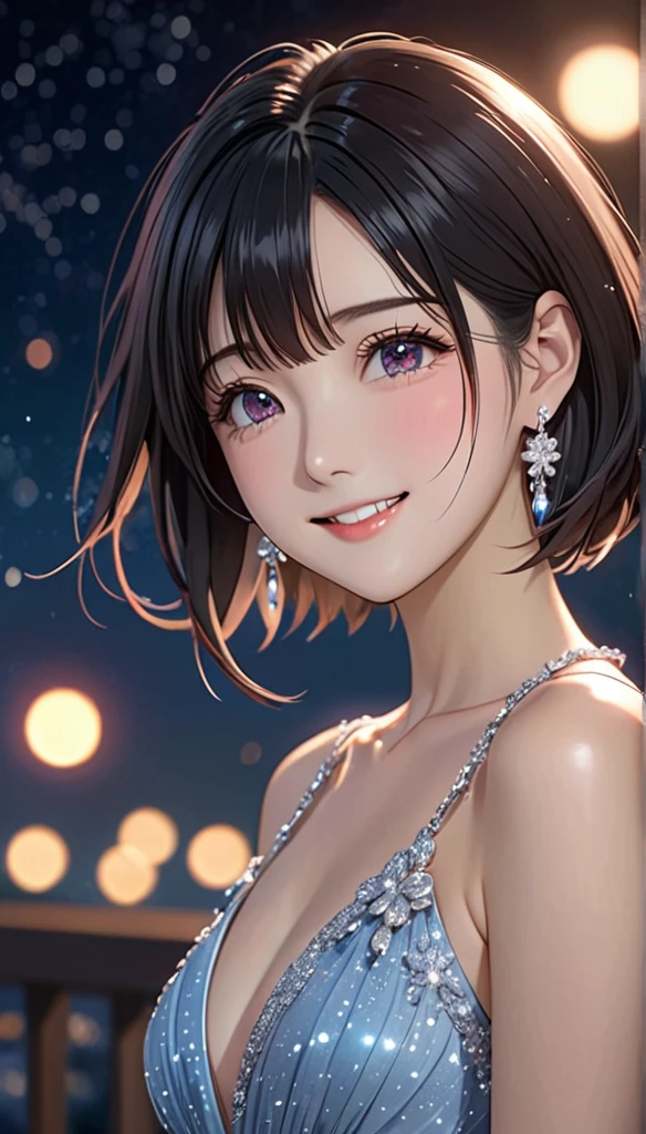 National Science Foundation,masterpiece,High resolution,8K,Art,Digit,Kyoto Animation Style,your name movie style,Facing the camera,night,midnight,Light,Meteor,(1 female: 1.3),(alone: 1.4),(((Black hair))),Sparkling Light Red Evening Dress,Swarovski crystals on evening gown,crystal hairpin,silver crystal necklace,silver crystal earrings,Long eyelashes,Slender legs,short bob,sexy pose,Close-up of upper body,Close-up,close view,nightstarry sky,Eyes as deep as the starry sky,Blushed,shy,shy,Open your mouth and smile