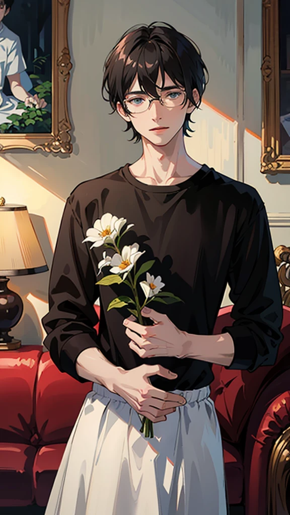 ((8K, masterpiece, high quality)), anime character, 1 man, young man, ((medium hair)), black hair, bangs between the eyes, Light blue eyes, pale skin, glasses, soft and passionate expression, sweet smile, very flushed cheeks, wearing a black shirt, book in his hands, photo shoot, portrait, living room scenario, perfect shadow and light, natural, very perfect, very detailed ((Make him look extremely in love))