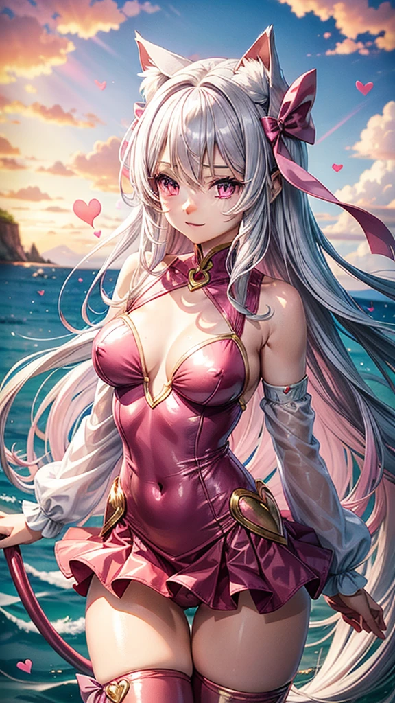 Silver hair, pink eyes, woman, sun and cloud background, pink red gold clothes, hair bows, happy face, mermaid outfit, sexy, cat ears, hearts, floating hearts, thigh up, thigh high tights