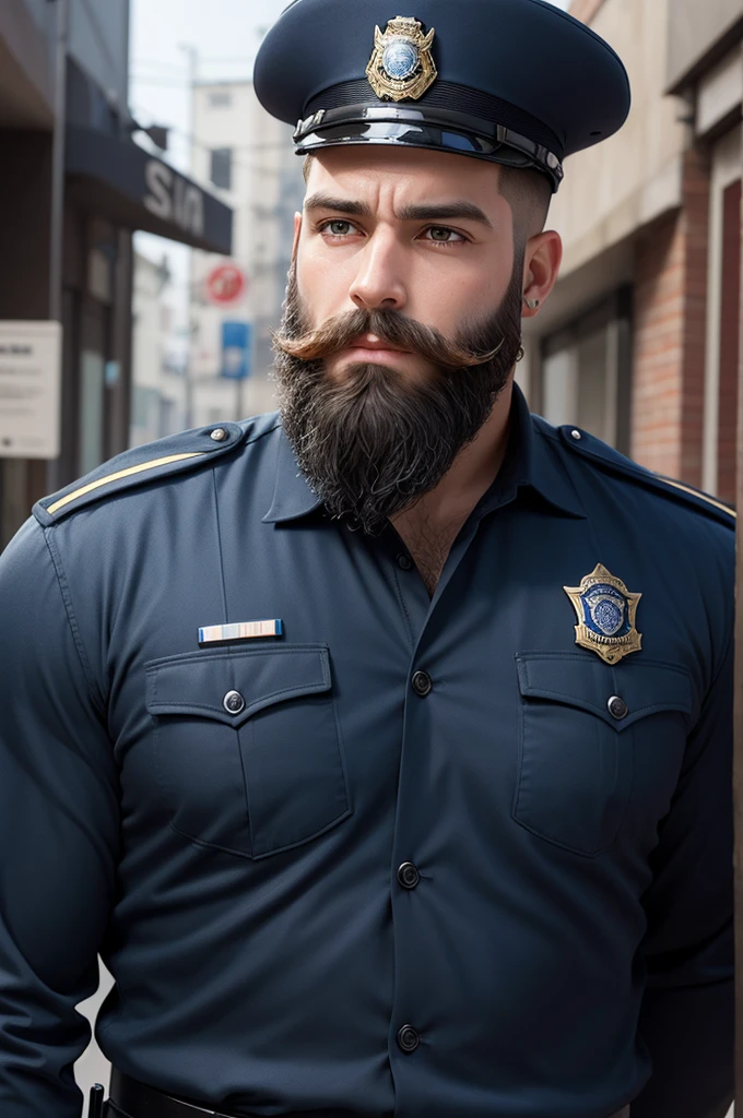 Create a realistic image of a shaving police officer with a big beard 