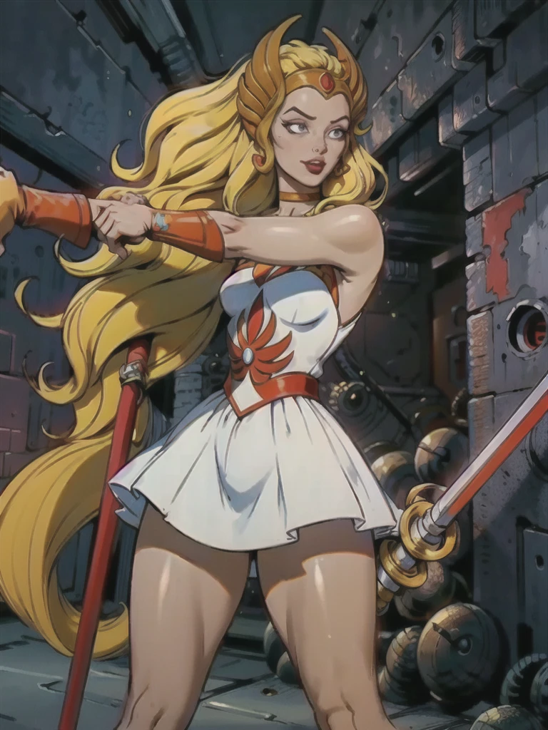 raw photo of a 1 girl, (Alone:1.3),
1 girl, Alone, she-ra, wide, by rubio, Blue eyes, tiara, White dress, choker, red layer, make up, lipstick, 
old, medium old, brace, wristband,
looking at the viewer, portrait, 
weapon, sword, layer, parody, Grayskull Sword, sword of power, 
Boots, 
classification:safe, 1980s \(Style\), retro artStyle,
dynamic pose,
cocky smile,

high , (muscled body:1.3), (female hands:1.3),

cutaneous denture, narrow waist, Thighs, Wide hips, half eye closed, eyeliner, eyelashes, Perfect face, detailed eyes, facial lighting,

looking at the viewer (Masterpiece, high quality:1.2)  