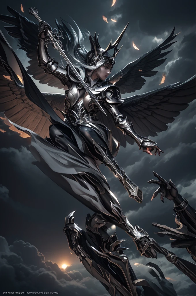 blindfolded, Divine judgement, sending from the sky, dynamic pose, A beautiful angel woman with huge wings, giant horns, facing forward, in a melancholy pose, with a beautiful sharp face, ultra-detailed, hyper realistic, cinematic lighting, dark moody colors, dramatic shadows, intricate details, ethereal, fantasy, elegant, photorealistic, body armor, showing no emotion, grey skin
