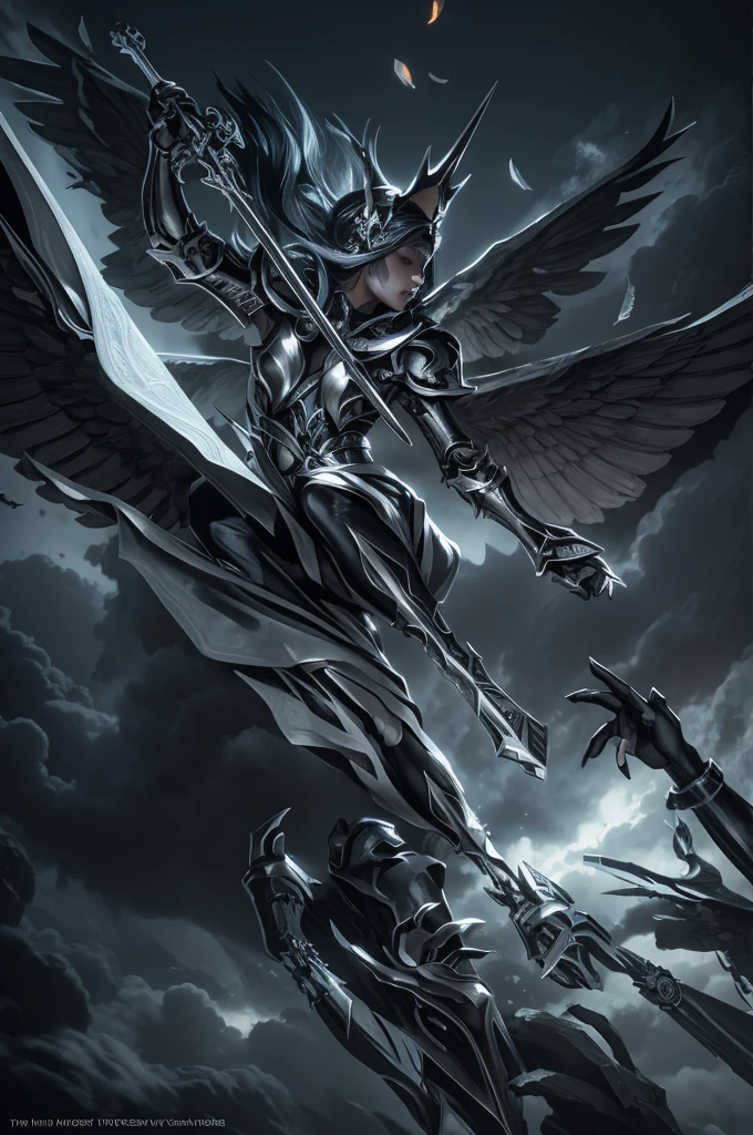 blindfolded, big boobs, Divine judgement, sending from the sky, dynamic pose, A beautiful angel woman with huge wings, 2 giant horns, facing forward, in a melancholy pose, with a beautiful sharp face, ultra-detailed, hyper realistic, cinematic lighting, dark moody colors, dramatic shadows, intricate details, ethereal, fantasy, elegant, photorealistic, body armor, showing no emotion, grey skin